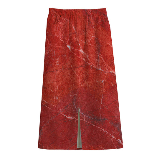 Red Marble Print Cotton Front Slit Maxi Skirt
