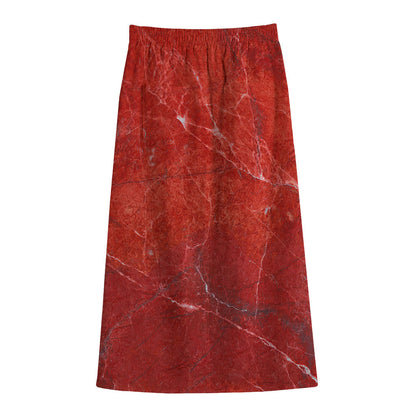 Red Marble Print Cotton Front Slit Maxi Skirt