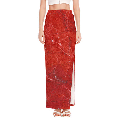 Red Marble Print High Slit Maxi Skirt