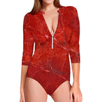 Red Marble Print Long Sleeve Swimsuit
