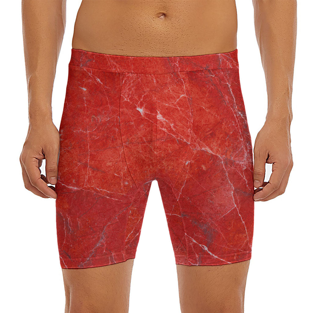 Red Marble Print Men's Long Boxer Briefs