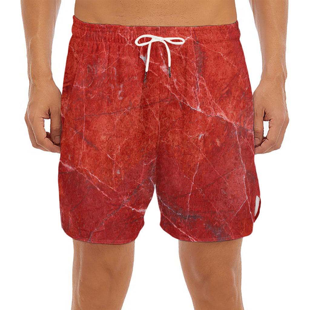 Red Marble Print Men's Split Running Shorts