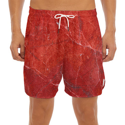 Red Marble Print Men's Split Running Shorts