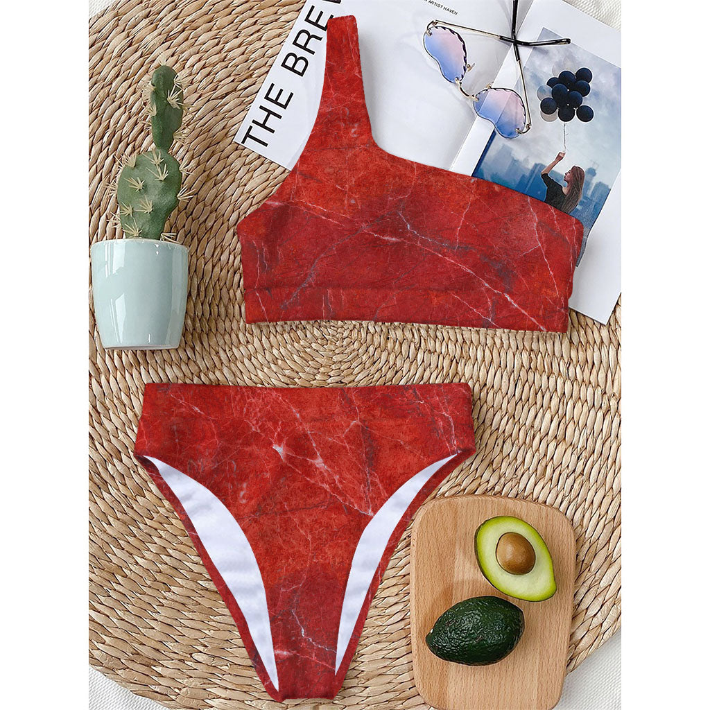 Red Marble Print One Shoulder Bikini Top