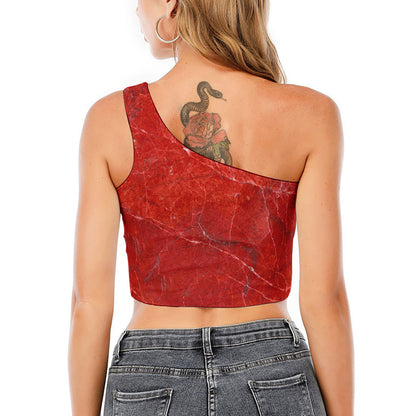 Red Marble Print One Shoulder Crop Top