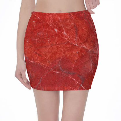 Red Marble Print Pencil Mini Skirt