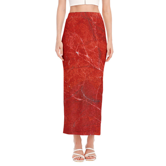 Red Marble Print Side Slit Maxi Skirt