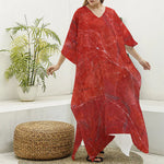 Red Marble Print Silk V-Neck Kaftan Dress