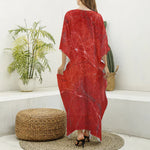 Red Marble Print Silk V-Neck Kaftan Dress
