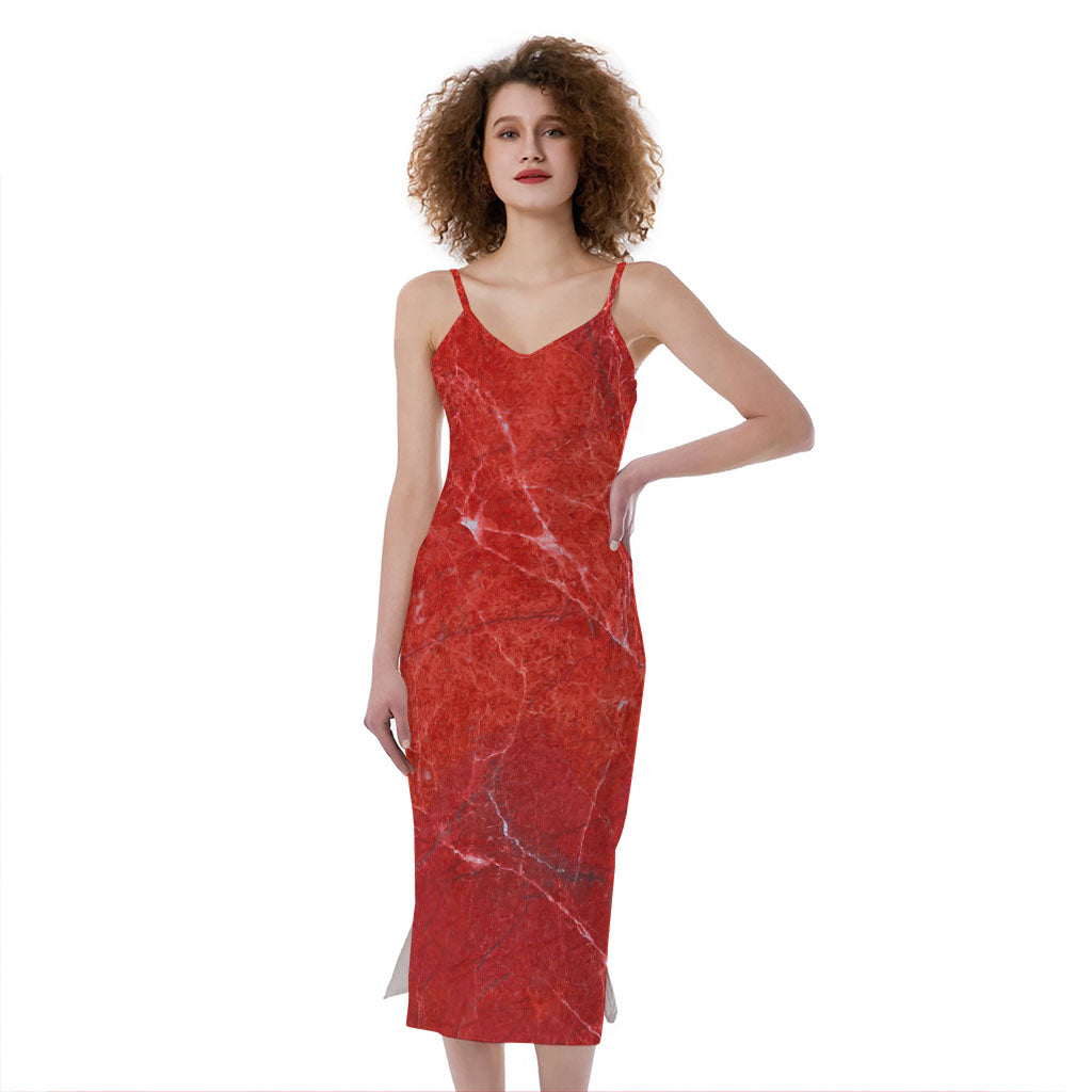 Red Marble Print Slim Fit Midi Cami Dress
