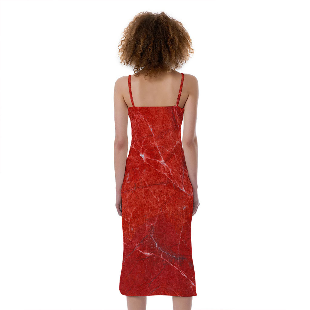 Red Marble Print Slim Fit Midi Cami Dress