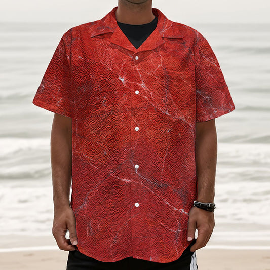 Red Marble Print Textured Short Sleeve Shirt
