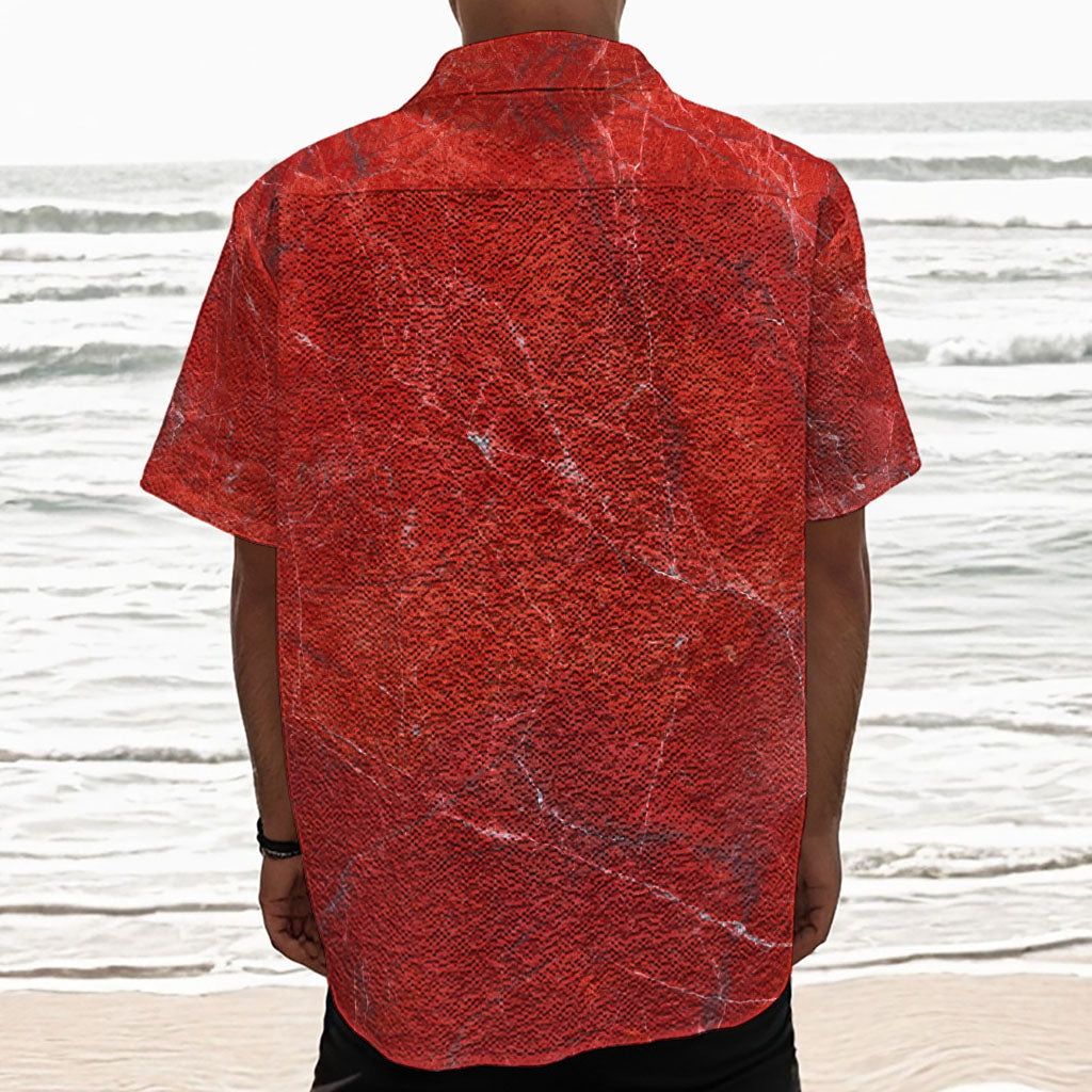 Red Marble Print Textured Short Sleeve Shirt