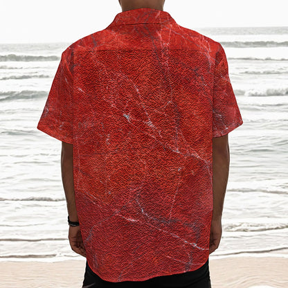 Red Marble Print Textured Short Sleeve Shirt