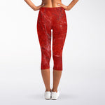 Red Marble Print Women's Capri Leggings
