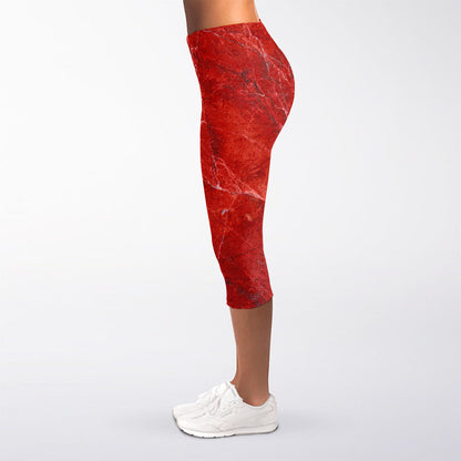 Red Marble Print Women's Capri Leggings