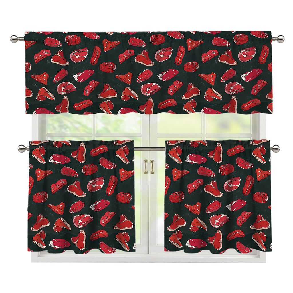 Red Meat Pattern Print 3 Piece Kitchen Curtains