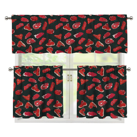 Red Meat Pattern Print 3 Piece Kitchen Curtains