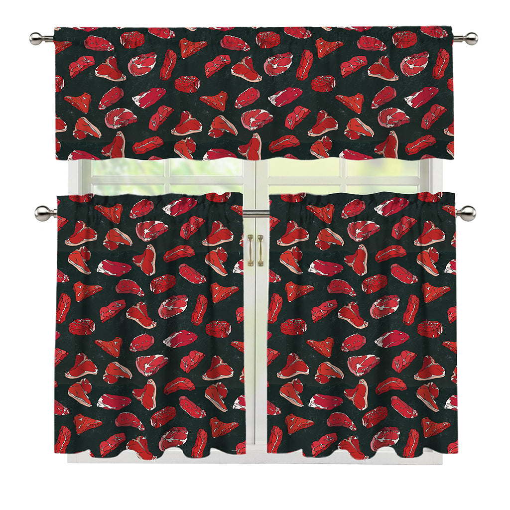 Red Meat Pattern Print 3 Piece Kitchen Curtains