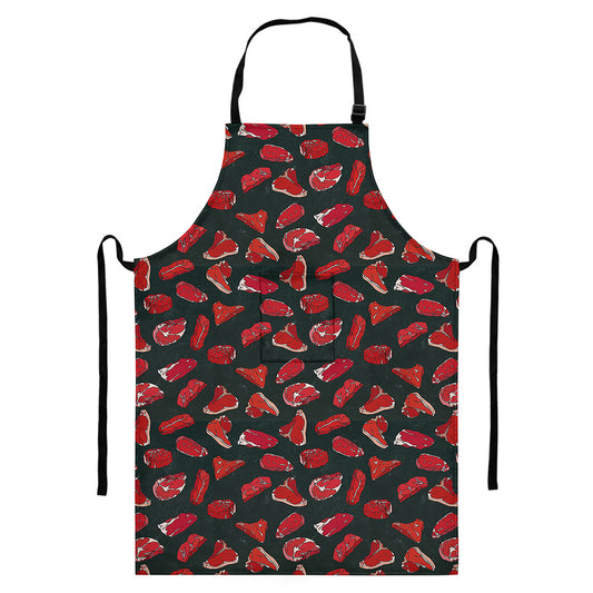 Red Meat Pattern Print Bib Apron With Pocket