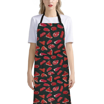 Red Meat Pattern Print Bib Apron With Pocket