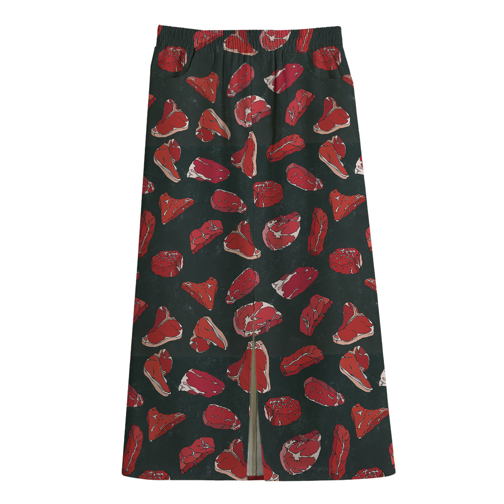 Red Meat Pattern Print Cotton Front Slit Maxi Skirt