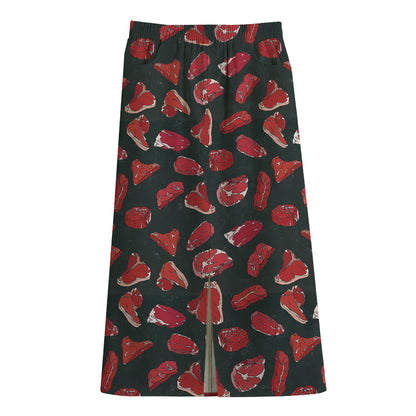 Red Meat Pattern Print Cotton Front Slit Maxi Skirt
