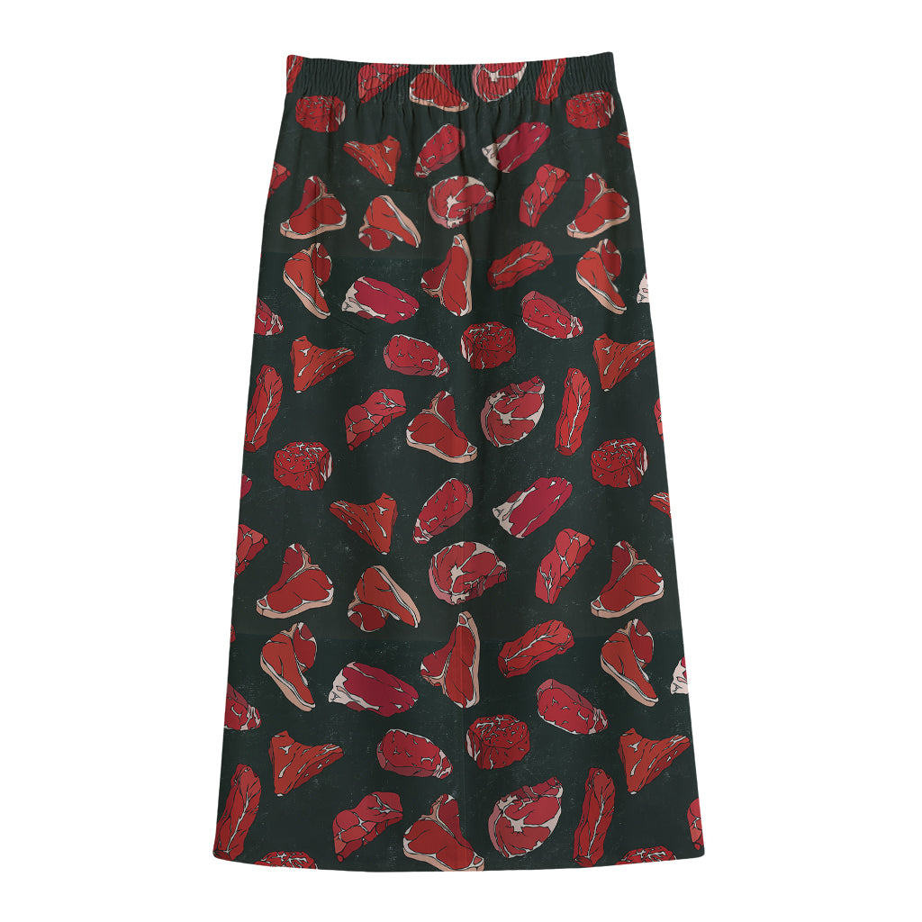 Red Meat Pattern Print Cotton Front Slit Maxi Skirt