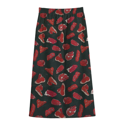 Red Meat Pattern Print Cotton Front Slit Maxi Skirt