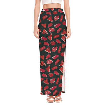 Red Meat Pattern Print High Slit Maxi Skirt