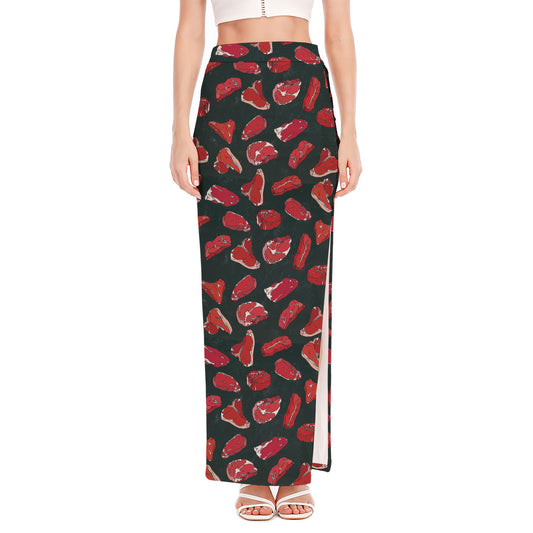 Red Meat Pattern Print High Slit Maxi Skirt