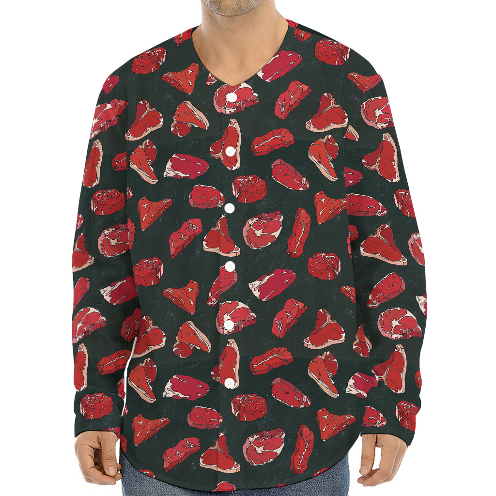 Red Meat Pattern Print Long Sleeve Baseball Jersey