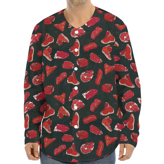 Red Meat Pattern Print Long Sleeve Baseball Jersey