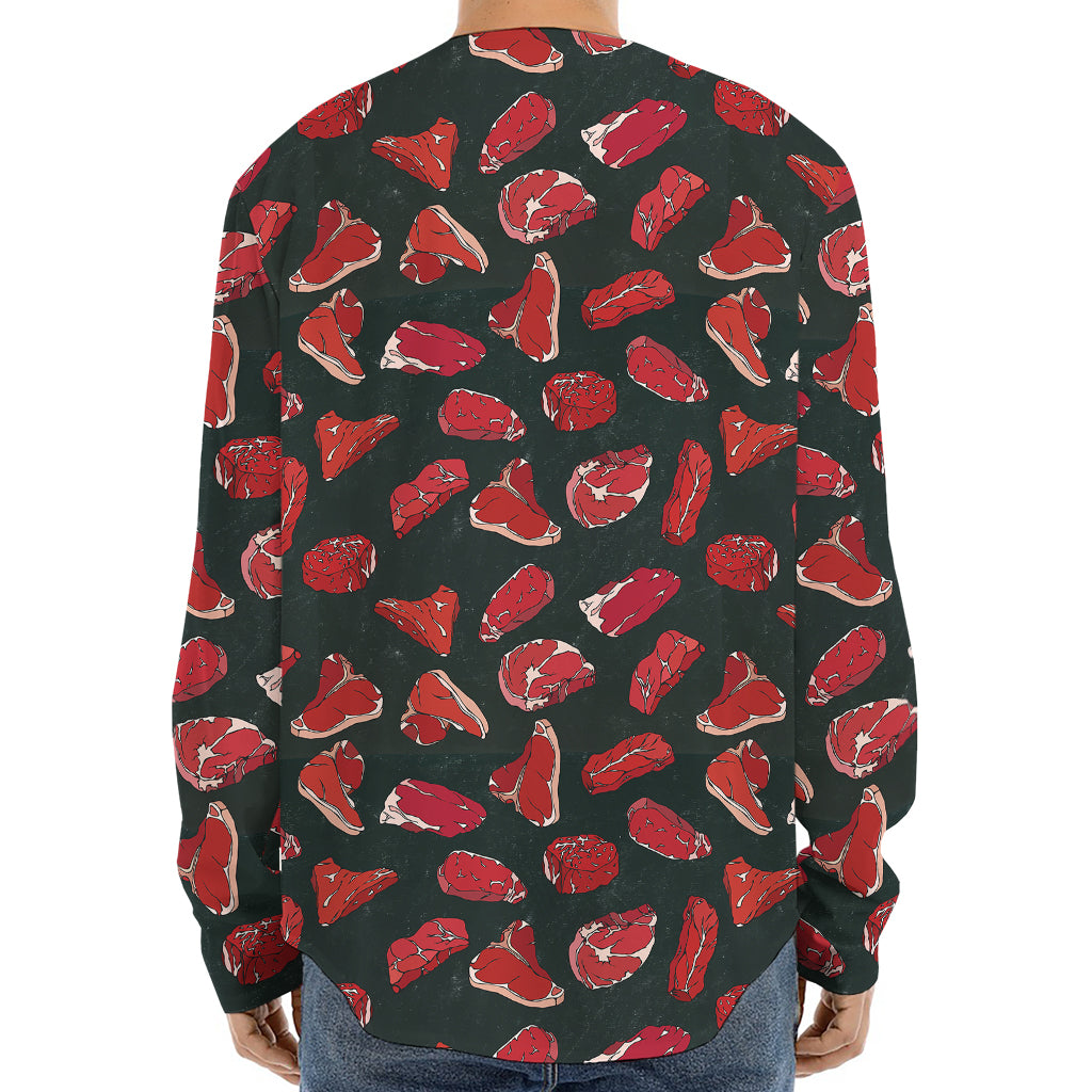 Red Meat Pattern Print Long Sleeve Baseball Jersey