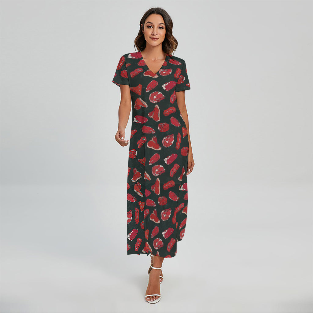 Red Meat Pattern Print Short Sleeve Maxi Dress
