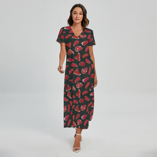 Red Meat Pattern Print Short Sleeve Maxi Dress