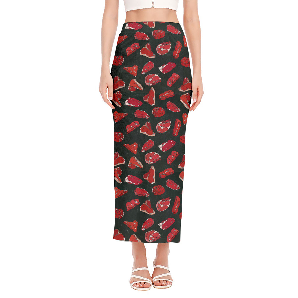 Red Meat Pattern Print Side Slit Maxi Skirt