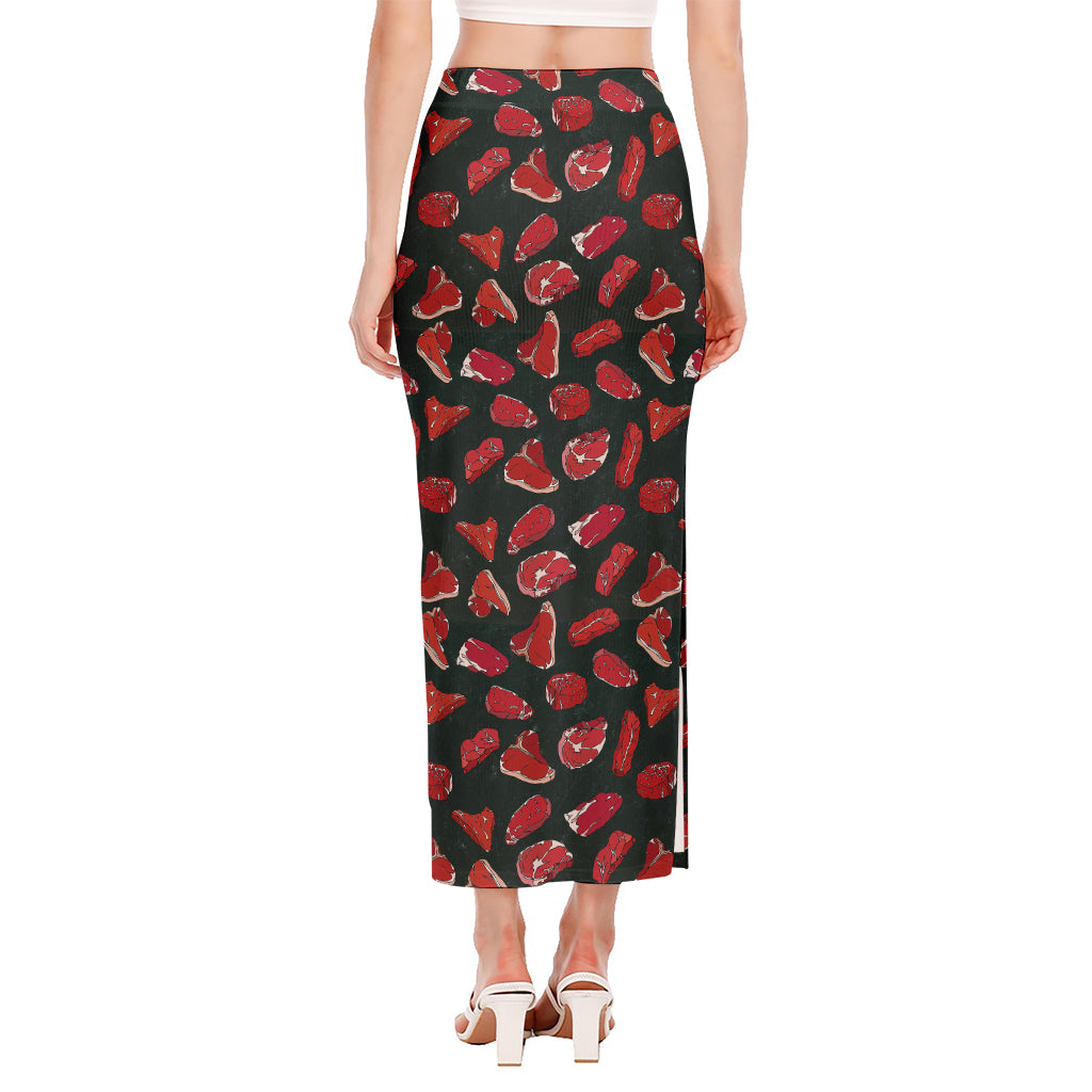 Red Meat Pattern Print Side Slit Maxi Skirt