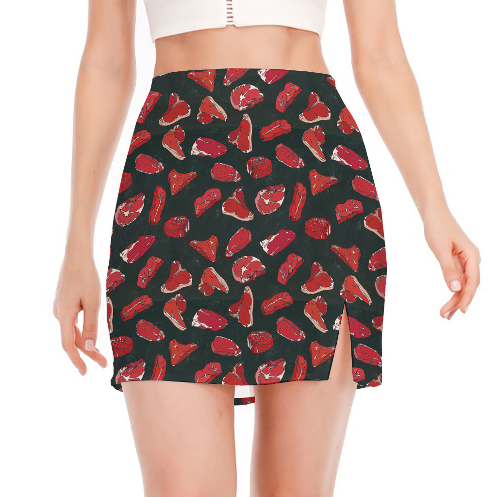 Red Meat Pattern Print Side Slit Mini Skirt