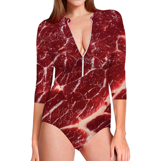 Red Meat Print Long Sleeve Swimsuit