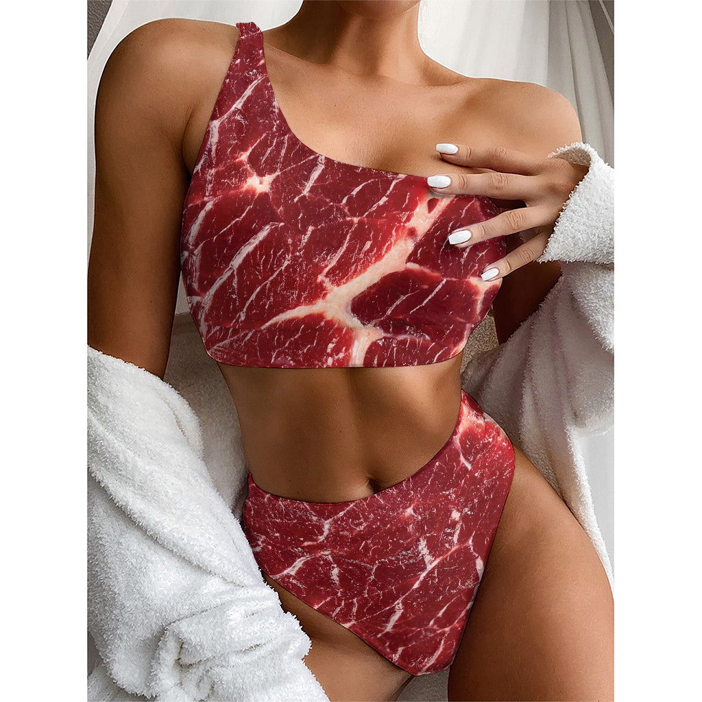 Red Meat Print One Shoulder Bikini Top