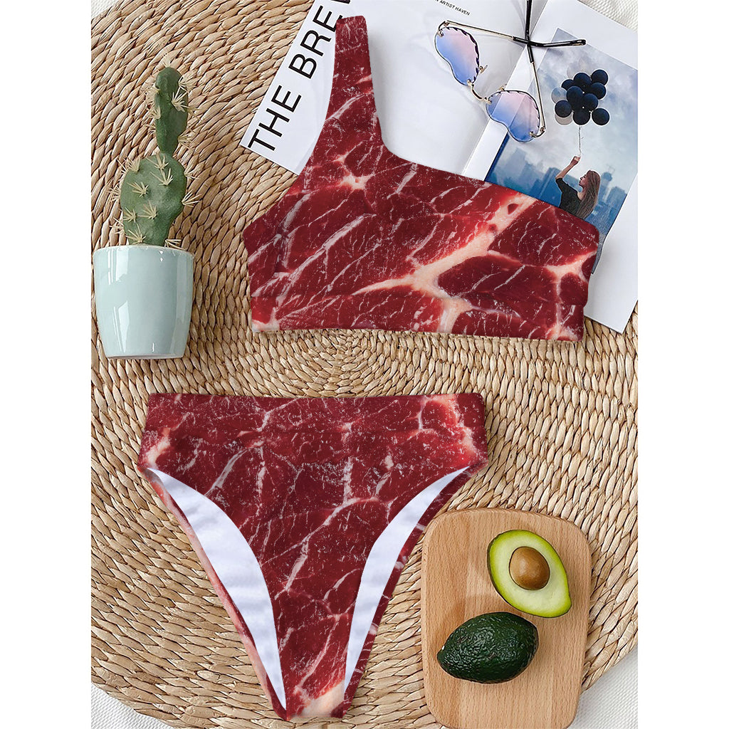 Red Meat Print One Shoulder Bikini Top