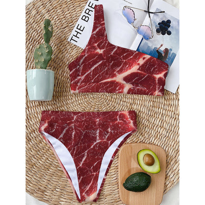 Red Meat Print One Shoulder Bikini Top