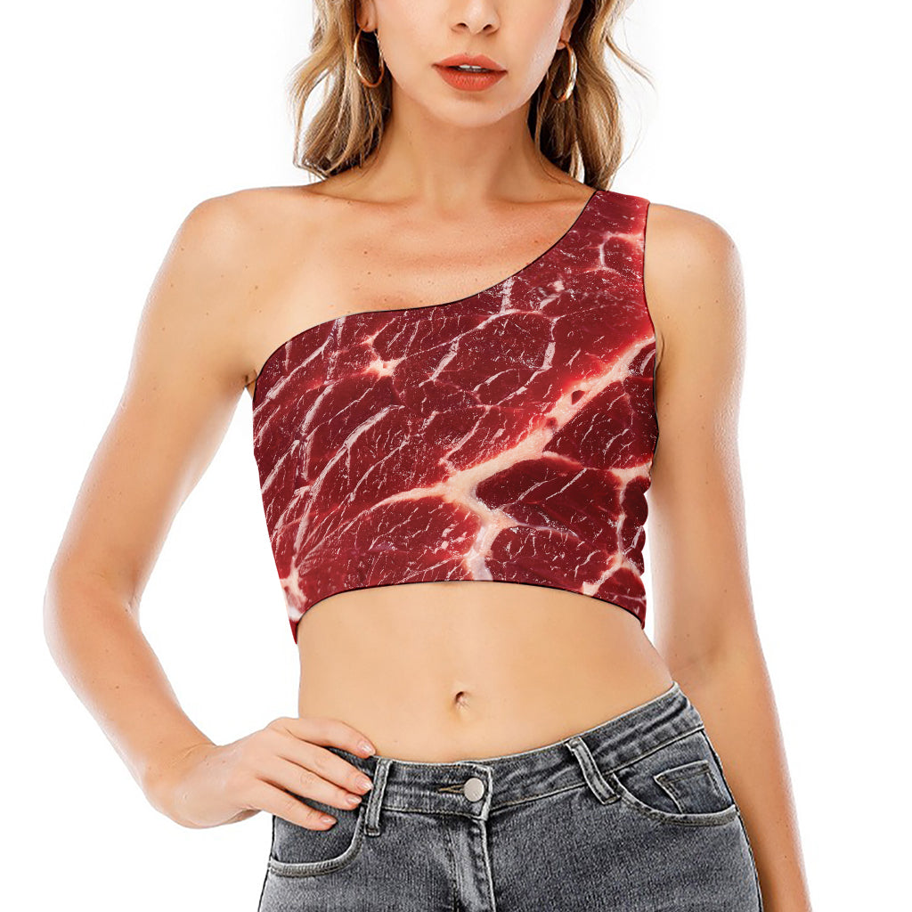 Red Meat Print One Shoulder Crop Top