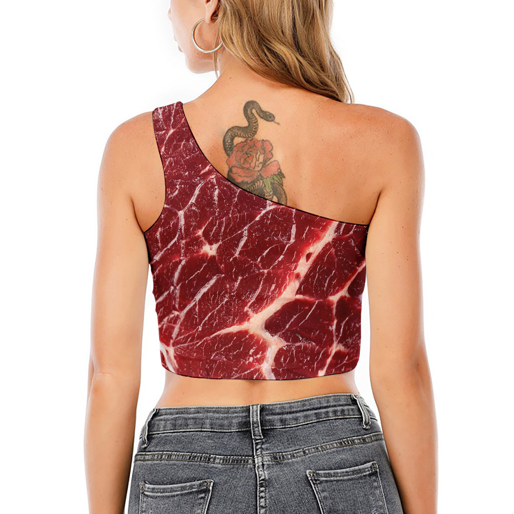 Red Meat Print One Shoulder Crop Top