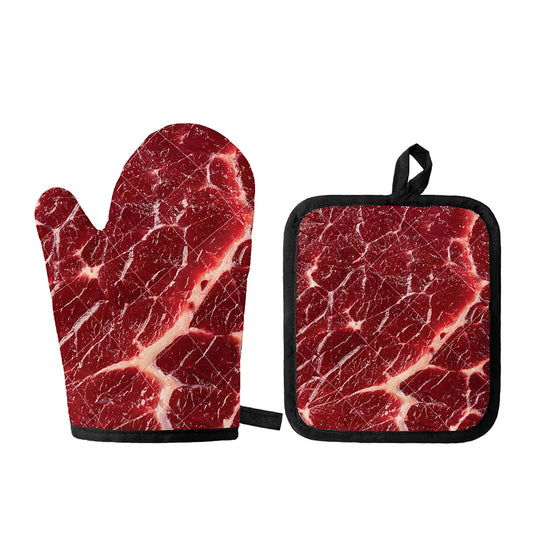 Red Meat Print Oven Mitt And Pot Holder Set