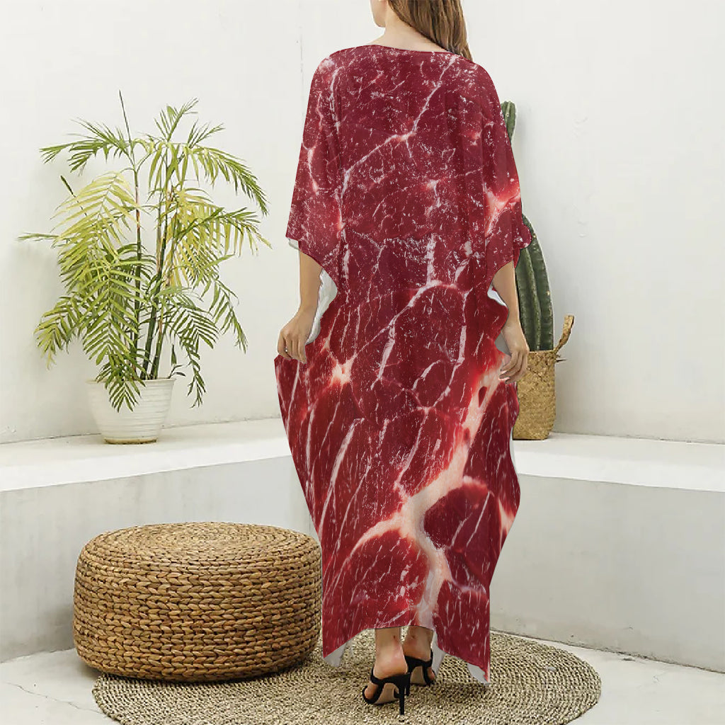 Red Meat Print Silk V-Neck Kaftan Dress