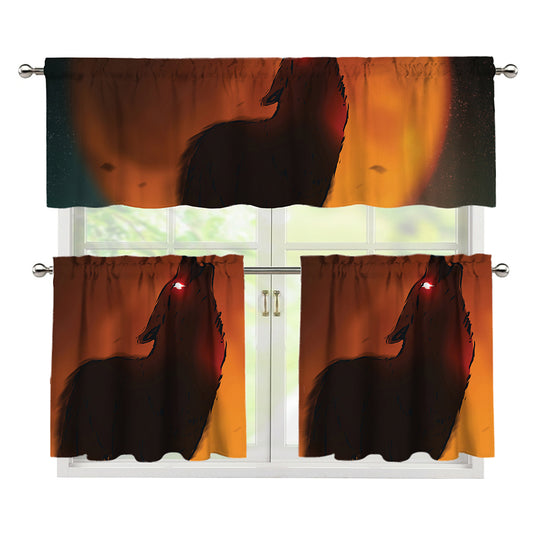 Red Moon Howling Wolf Print 3 Piece Kitchen Curtains