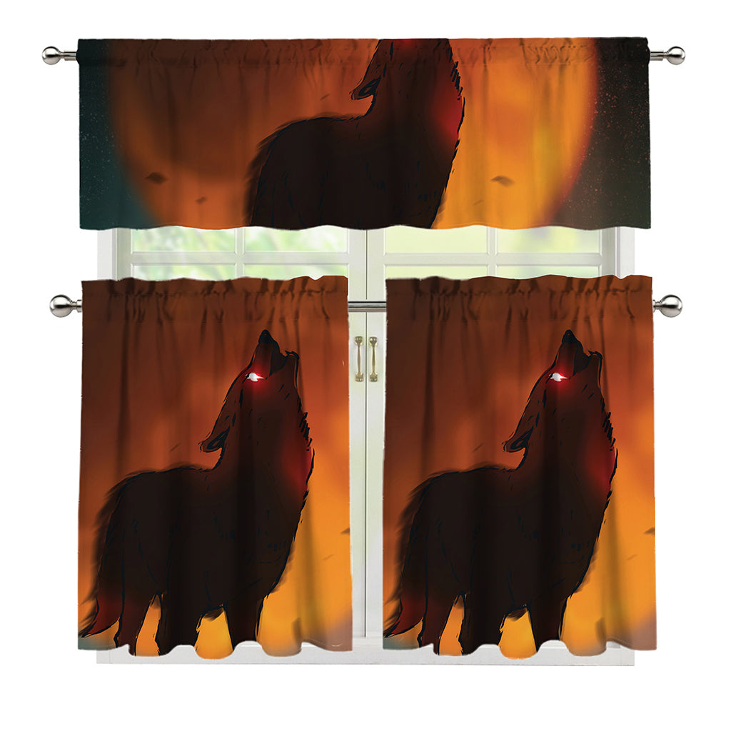 Red Moon Howling Wolf Print 3 Piece Kitchen Curtains