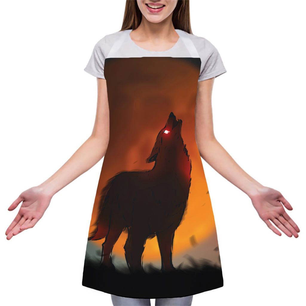Red Moon Howling Wolf Print Adjustable Apron